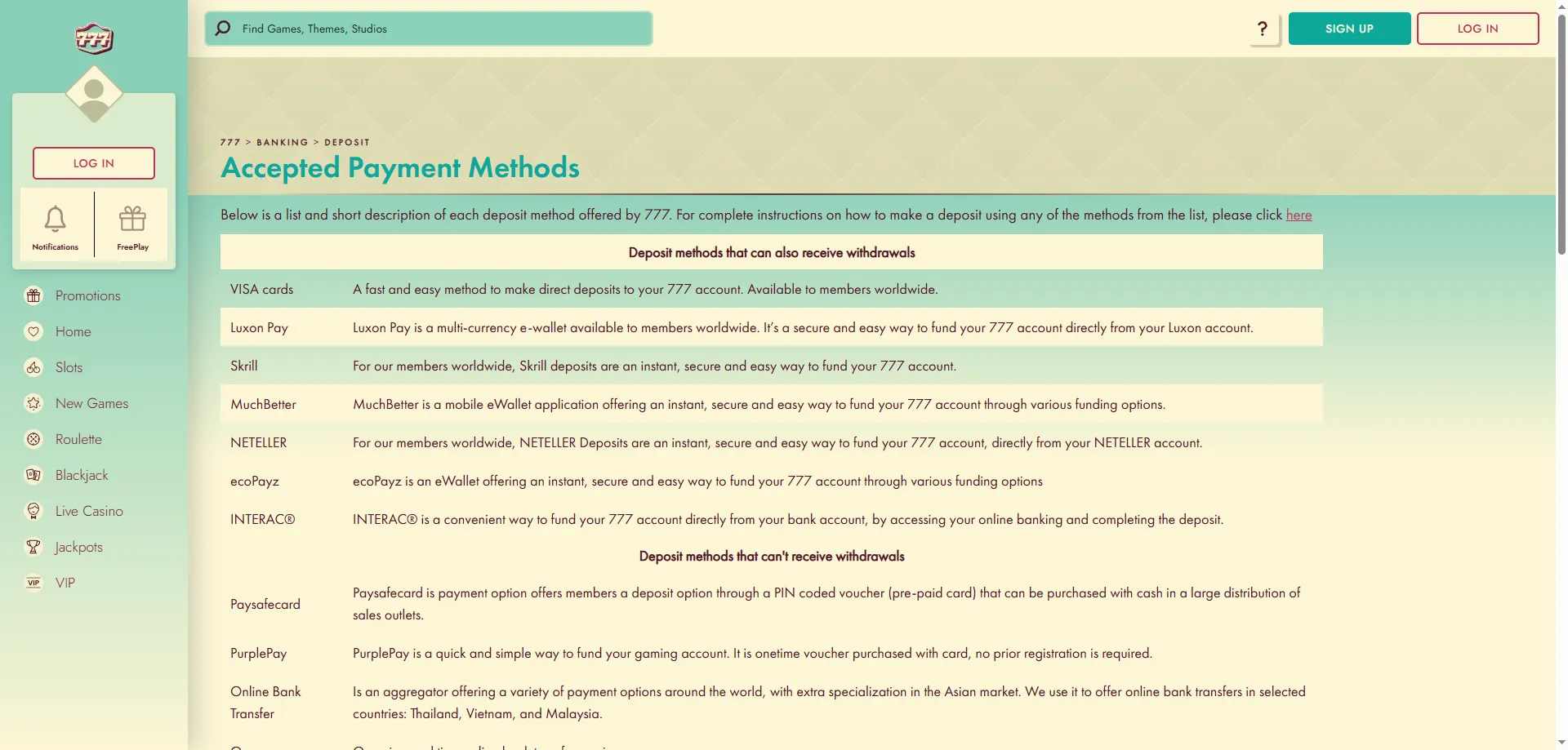 777 Casino deposit and withdrawal payment methods — Visa Mastercard